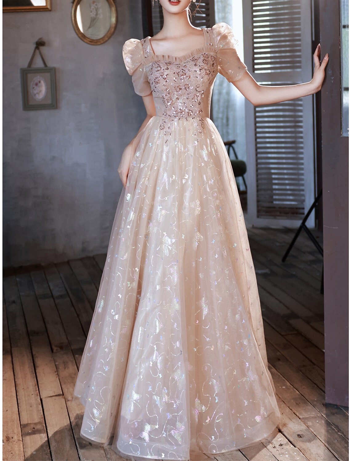 A-Line Prom Dresses Sparkle & Shine Dress Party Wear Prom Floor Length Half Sleeve Sweetheart Satin with Appliques Strappy 2025